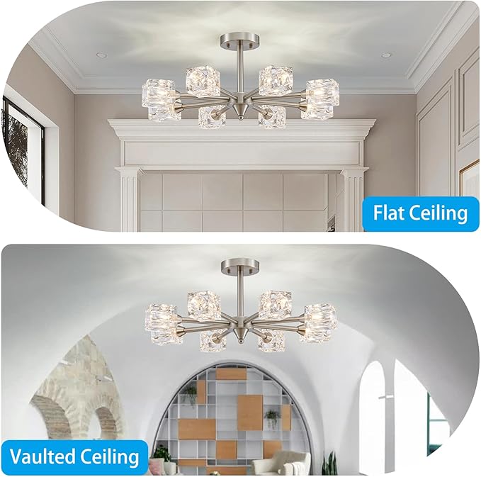 XINGQI 8-Light Brushed Nickel Modern Sputnik Chandeliers Semi Flush Mount Ceiling Light Fixture for Dining Room Bedroom Living Room Kitchen Entryway