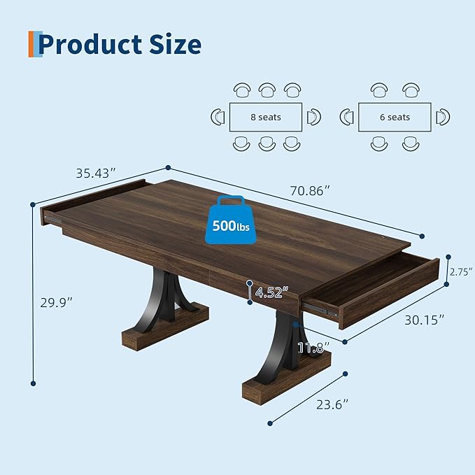 Garvee 71-Inch Wooden Kitchen Table with Two Drawers, Large Dining Table for 6-8 w/Large Tabletop & Sturdy Frame, Rectangular Dining Table with Double Pedestal, for Kitchen, Dinner