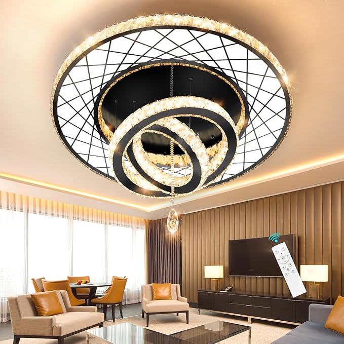 HAIXIANG Crystal Glam Chandelier LED Ceiling Light Living Room Lighting Fixtures Remote Dimmable Ceiling Chandeliers 32 Inches Light Black Lamp