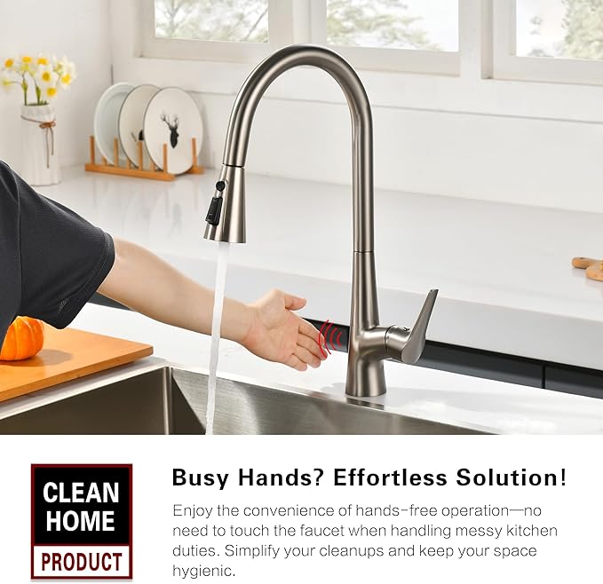 sumerain Motion Sensor Activated Kitchen Sink Faucet with Pull Down Sprayer, Brushed Nickel Touchless Kitchen Faucet Smart Hands Free