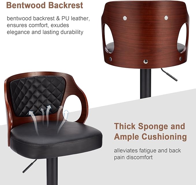 VECELO Swivel Bar Stools Set of 2, Adjustable Counter Height Stools with Bentwood Back, Armrest, Footrest & PU Leather Seat, Modern Bar Chairs for Kitchen Island, Black