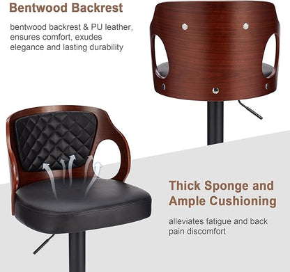 VECELO Swivel Bar Stools Set of 2, Adjustable Counter Height Stools with Bentwood Back, Armrest, Footrest & PU Leather Seat, Modern Bar Chairs for Kitchen Island, Black