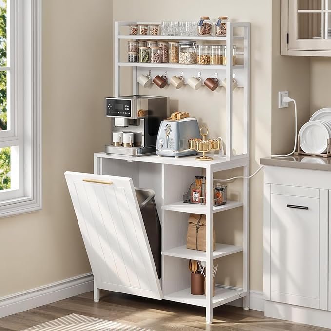 YITAHOME White 6-Tier Pantry Cabinet with Storage, Trash Can Bin & Power Outlets, Large Freestanding Microwave Table for Coffee Bar, Kitchen & Dining Room, Bakers Rack with Charging Station