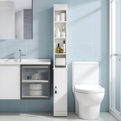 VECELO 71" Tall Bathroom Storage Cabinet, Narrow Storage Cabinet with Adjustable Shelves, Toilet Paper Rod and Magnetic Door, Freestanding Slim Bathroom Storage Cabinets for Small Space, White