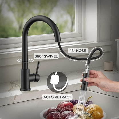 Black Kitchen Faucet with Pull Down Sprayer, Stainless Steel Kitchen Sink Faucet Classic High Arc Single Handle with Deck Plate for 1 or 3 Hole, Fit for Farmhouse Bar Laundry Camper