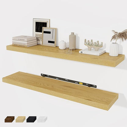 Floating Shelves Wall Shelf 40 Inch, 8 Inch Deep Floating Shelf for Wall, Farmhouse Black Wood Shelves Invisible Bracket for Living Room, Bedroom, Kitchen, 40 x 8 x 1.4 Inch, Set of 2, Oak Color