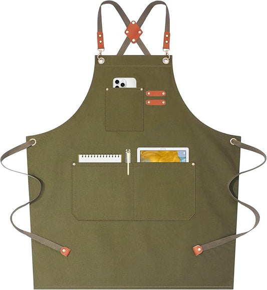 AFUN Chef Aprons for Women Men with Oversized Pockets, 12-Ounce Cotton Canvas Cross Back Water Repellent Apron (Grey Green)