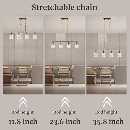 FRIXCHUR Gold Kitchen Island Lighting, 4-Lights Linear Chandelier Pendant Light with Clear Glass Shade, Height Adjustable Industrial Chandelier Pendant Light for Kitchen Island Dining Room