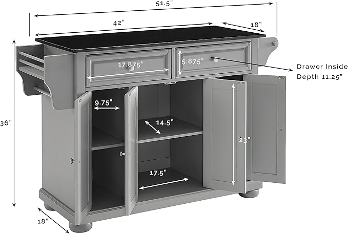 Crosley Furniture Full Size Granite Top Rolling Kitchen Island Storage Cart, Microwave Stand, Spice Rack, Gray