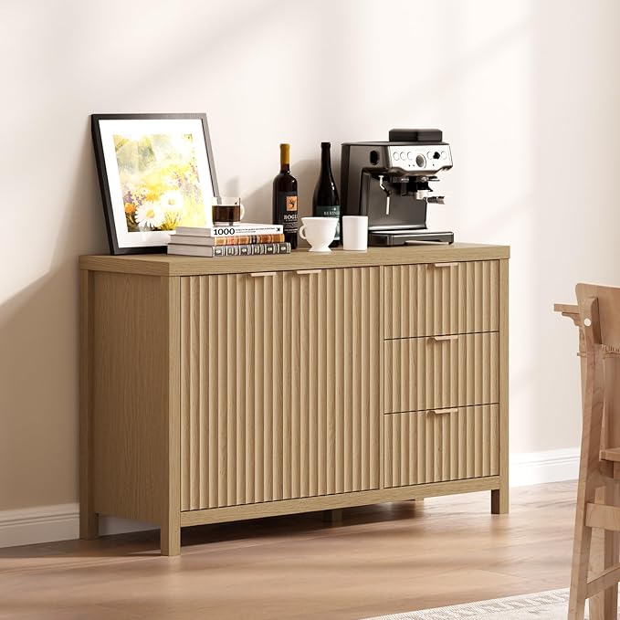 OAKHAM HOME Fluted Sideboard Cabinet 46.6'' Buffet Cabinet with 2 Doors and 3 Drawers Modern Storage Credenza with Adjustable Shelves for Living Room, Entryway or Kitchen, Golden Oak