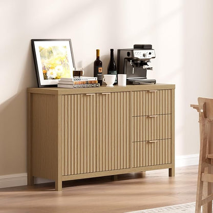 OAKHAM HOME Fluted Sideboard Cabinet 46.6'' Buffet Cabinet with 2 Doors and 3 Drawers Modern Storage Credenza with Adjustable Shelves for Living Room, Entryway or Kitchen, Golden Oak