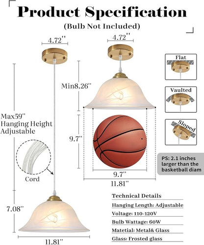 Island Pendant Lights for Kitchen, 11.8 Inch Vintage Gold Pendant Light, Frosted Glass Pendant Light 1-Pack,Hanging Kitchen Lights for Kitchen Island, Dining Room, Bar, Cafe