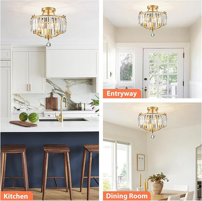 12.2'' Modern Gold Crystal Ceiling Light Fixture Farmhouse 3-Light Semi Flush Mount Drum Chandelier for Dining Room, Bedroom, Kitchen, Hallway, Entryway, Foyer, E12 - MJ055GD