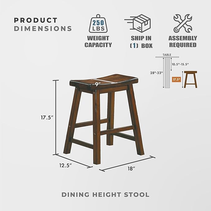 Lexicon Finnian Saddle Solid Wood Stool Set of 2 - Saddle Kitchen Stool Dining Height Stools for Dining, Armless Counter Chair Seating, Perfect Casual - 17.5" SH Distressed Cherry