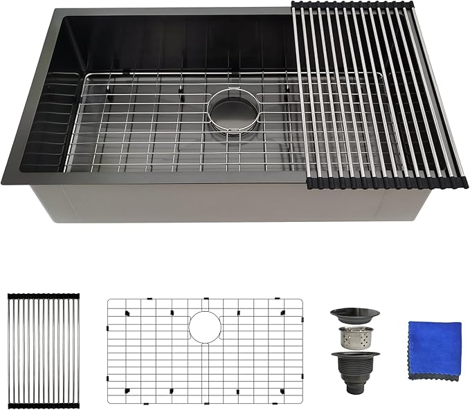 32 Inch Black Kitchen Sink Undermount - Delironexu Undermount Kitchen Sink Black, 16 Gauge Stainless Steel kitchen Sinks Single Bowl, 32''x18'' black Stainless Steel sink with 4 Accessories