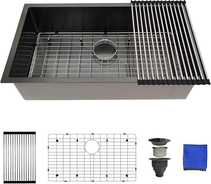 32 Inch Black Kitchen Sink Undermount - Delironexu Undermount Kitchen Sink Black, 16 Gauge Stainless Steel kitchen Sinks Single Bowl, 32''x18'' black Stainless Steel sink with 4 Accessories