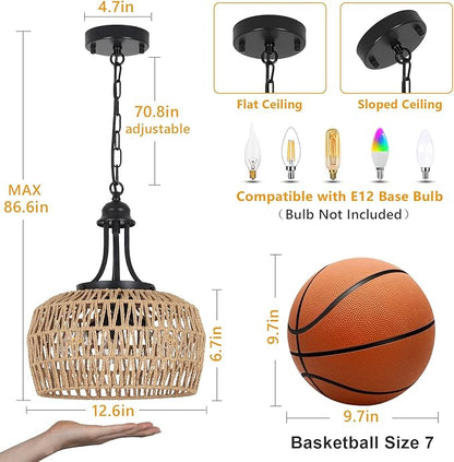 HMVPL Farmhouse Chandelier for Dining Room, 3-Light Boho Rattan Chandelier Light Fixture Ceiling Hanging with Woven Lampshade, Small Wicker Coastal Pendant Light for Kitchen Bedroom Island Hallway