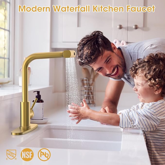 Waterfall Kitchen Faucet with Pull Down Sprayer, ARTIQUA Brushed Gold Single Handle Kitchen Sink Faucet with Deck Plate Fits 1 or 3 Hole, for Bar RV Laundry Farmhouse Outdoor and Camper