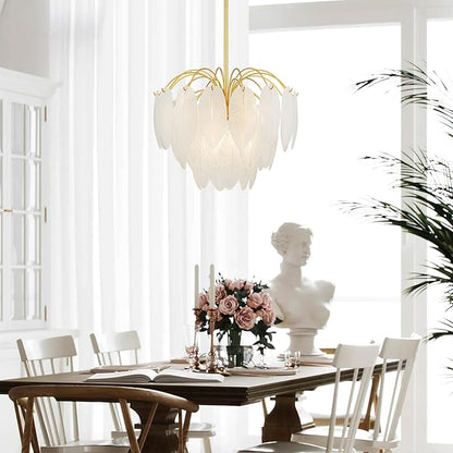 LumFurn 6-Light Gold Chandeliers, Modern 3-Tier Pendant Light Fixture for Dining Room, Living Room, Adjustable Height 19~51", Frosted Feather-Shaped Glass Shade & Brass Finish Frame