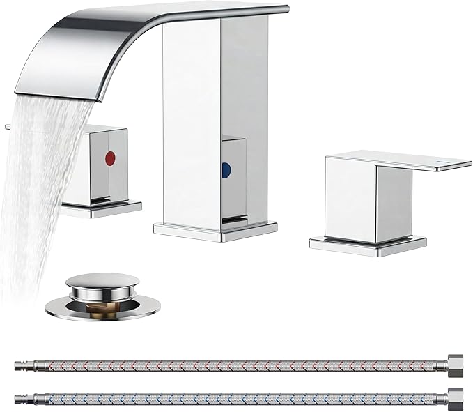 FORIOUS Bathroom Faucets 3 Hole, Waterfall Square 8 Inch Widespread Chrome Bathroom Sink Faucet with Metal Pop-up Drain and Supply Lines, Two Handles for Vanity, RV, Farmhouse