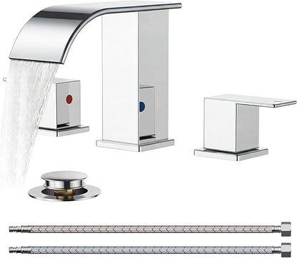 FORIOUS Bathroom Faucets 3 Hole, Waterfall Square 8 Inch Widespread Chrome Bathroom Sink Faucet with Metal Pop-up Drain and Supply Lines, Two Handles for Vanity, RV, Farmhouse