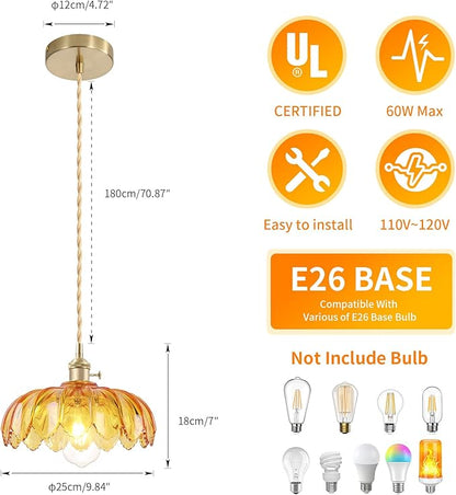 Kitchen Island Pendant Lights, E26 Nordic Pendant Lamp 10.3“ Small Vintage Style Amber Glass Hanging Lighting Fixtures Over Dining Room Table for Bedroom,Bar,Over Sink UL Certified Lighting