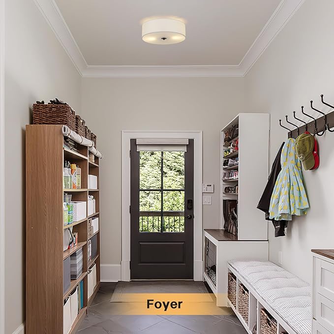 CALOKES Flush Mount Ceiling Light Fixture, 13" Close to Ceiling Light with White Fabric Linen Drum Shade, 2-Light Modern Round Ceiling Light for Bedroom Hallway Dining Kitchen