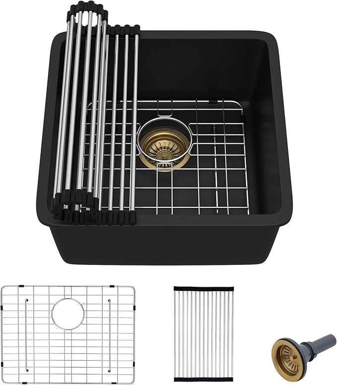 17"x17" Undermount Bar Prep Sink – Matte Black Granite Composite Quartz Classic Under Counter Single Bowl Sink Basin for Wet Bar, RV, Small Kitchen