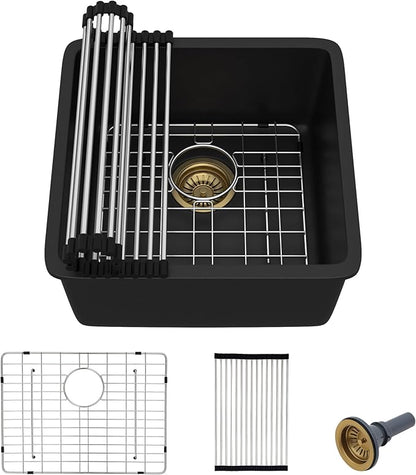 17"x17" Undermount Bar Prep Sink – Matte Black Granite Composite Quartz Classic Under Counter Single Bowl Sink Basin for Wet Bar, RV, Small Kitchen
