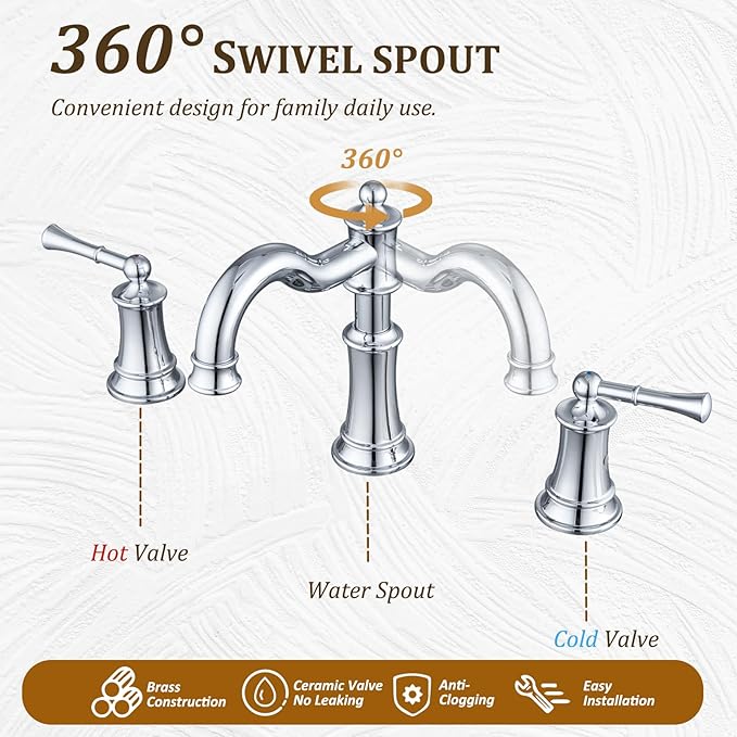 Roman Bathroom Sink-Faucet 3-Holes, Rotated Spout Vanity Basin Faucets 2 Handles 8 inches Widespread Deck Mount Brass Faucet for Sink with Overflow Pop Up Drain Polished Chrome NL2204-CP