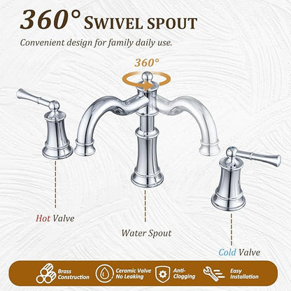 Roman Bathroom Sink-Faucet 3-Holes, Rotated Spout Vanity Basin Faucets 2 Handles 8 inches Widespread Deck Mount Brass Faucet for Sink with Overflow Pop Up Drain Polished Chrome NL2204-CP