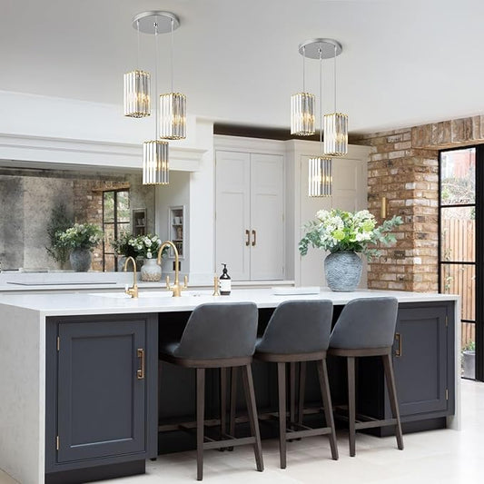 Modern Pendant Light Chrome Rectangle Pendant Lighting Mini Crystal Chandeliers Adjustable Pendant Light Fixture for Kitchen Island Dinning Room Living Room Corridor Bedroom(Chrome 3-Light)