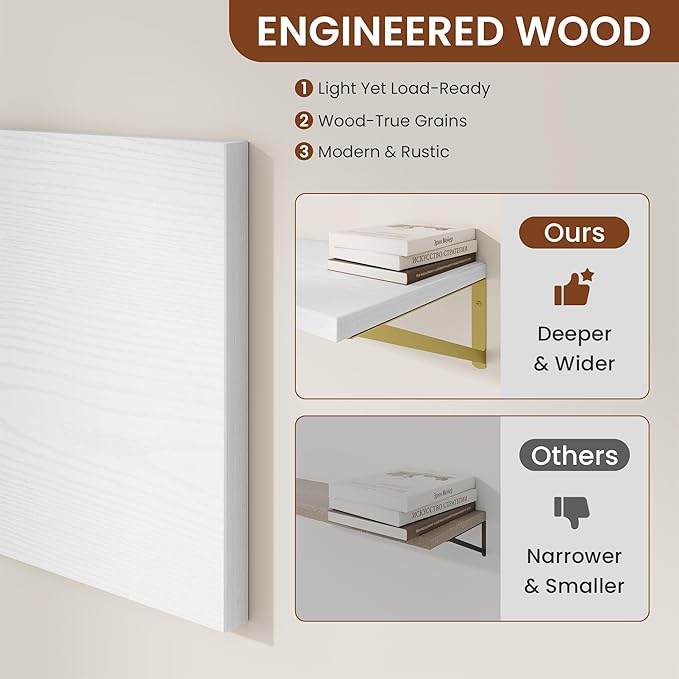 Deep Wall Shelves 40"W x 12"D Engineered Wood Floating Shelves for Wall, Sturdy Metal Bracket(Gold) Bookshelves Home Decor Storage for Living Room Bedroom Bathroom Kitchen, Set of 2, White Finish