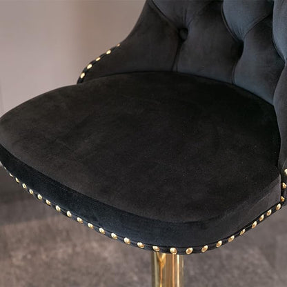 Rhomtree Velvet Swivel Bar Stools Upholstered Bar Stool with Button Tufted Back and Pull Ring Height Adjustable Barstools 25-33 Inch for Home Pub and Kitchen Island (Black with Gold Base, Set of 8)