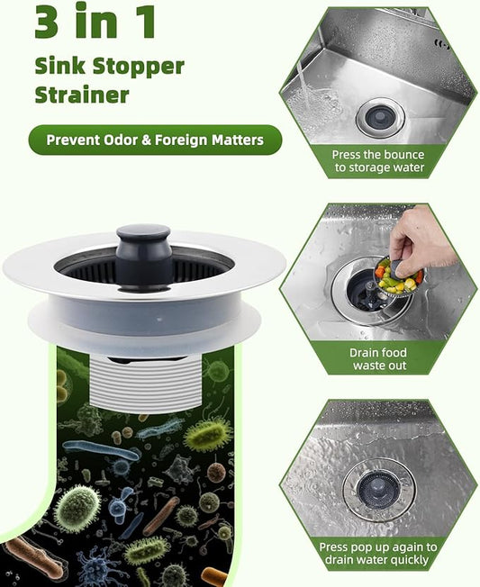 Universal 2PCS Kitchen Sink Strainer Stopper Combo, 3 in 1 Pop Up Kitchen Sink Stopper with Chrome Stainless Steel Wraped Shell for US Standard 3-1/2 inch Drain Filter, Anti-Clog