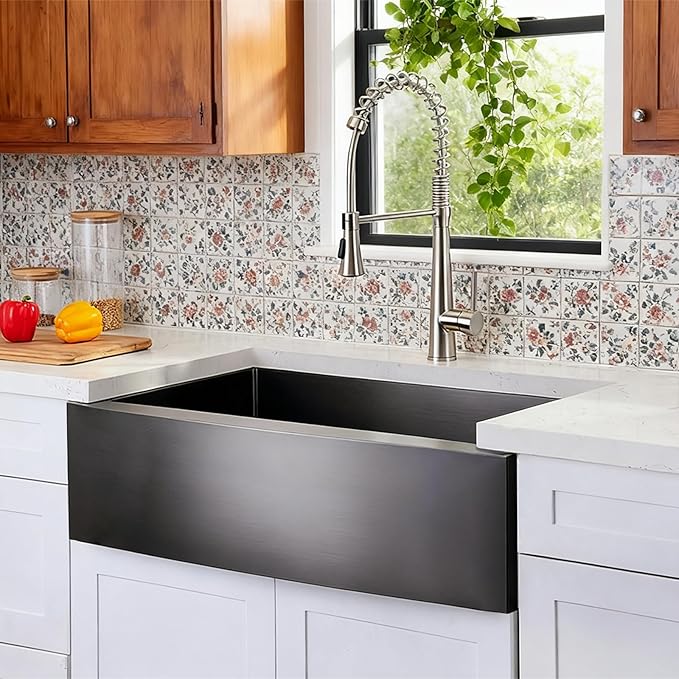 SHACO 33 Inch Black Farmhouse Sink, 33x21 Gunmetal Black 16 Gauge Stainless Steel Apron Front Sink, 9 Inch Deep Single Bowl Kitchen Sink