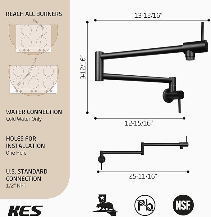 KES Pot Filler Faucet with Heat-Resistant Cartridge, 25.6" Over Stove Pot Filler, Kitchen Faucet Black with Double Joints Swing Arm Wall Mount, Stainless Steel No Lead, KN926S24LFF18-BK