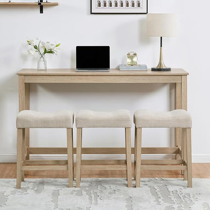 LKTART Bar Table and Chairs Set of 4, Bar Height Dining Table Set with Power Outlet and 3 Padded Stools Industrial Breakfast Table Set for Living Room, Small Space, Light Oak