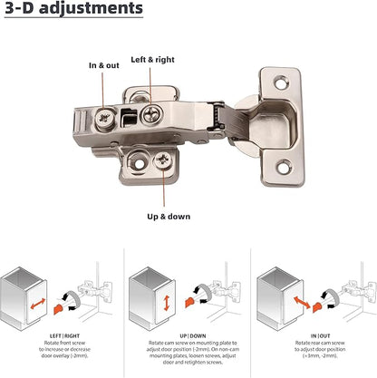 DecoBasics Full Overlay European Soft Close Cabinet Hinges for Kitchen Cabinets (100 Pcs) -105° Frameless Concealed Cabinet Door Hinge -10 Way Adjustability & Clip on Plate Easy Installation