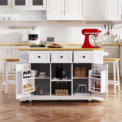 Mobile Kitchen Island Cart with Storage, Rolling Kitchen Island Table with Natural Wood Top, 3 Drawers & 2 Cabinets, White Kitchen Island on Wheels for Home & Dining Room.