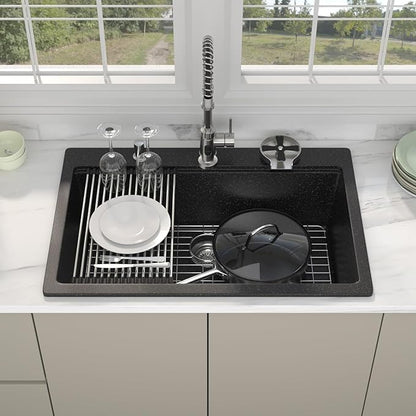 33 Granite Composite Kitchen Sink - Beslend 33x22 Drop In Black Kitchen Sink with High Pressure Glass Rinser, Granite Composite Worksation Black Sinks Easy Clean Quartz Basin for Kitchen Remodel