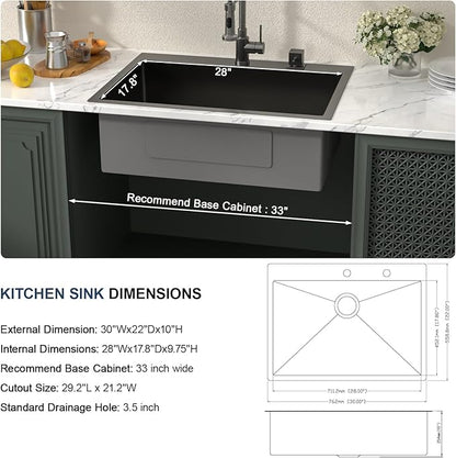 Lordear 30x22 Kitchen Sink Black Drop In Single Bowl 16 Gauge Stainless Steel Gunmetal Black 30 Inch Topmount Kitchen Sinks 30" Basin