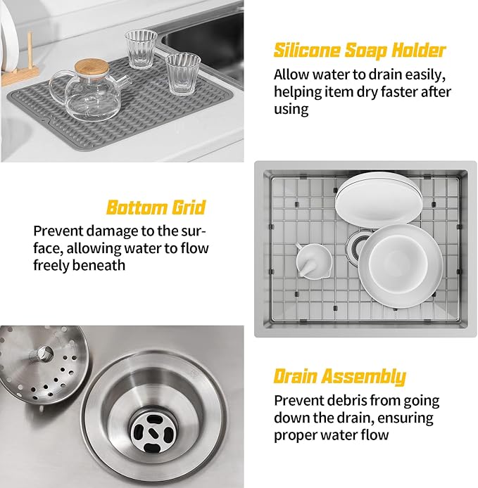 24x19 Inch Stainless Steel Kitchen Sink-Undermount Single Bowl Drop In Kitchen Sink Stylish And Modern Look Come With Bottom Grid,Silicon Mat And Drain Assembly Add Elegance & Enhance Usability