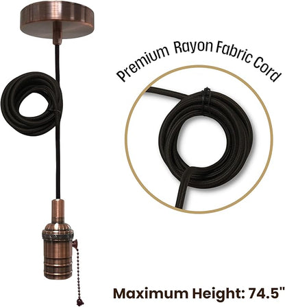 Royal Designs, Inc. Hanging Pendant Lighting, Vintage-Style Pull Chain Pendant Light Socket and Canopy, Antique Copper with Brown Rayon Fabric Cord