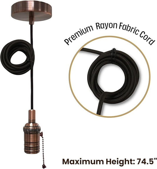 Royal Designs, Inc. Hanging Pendant Lighting, Vintage-Style Pull Chain Pendant Light Socket and Canopy, Antique Copper with Brown Rayon Fabric Cord