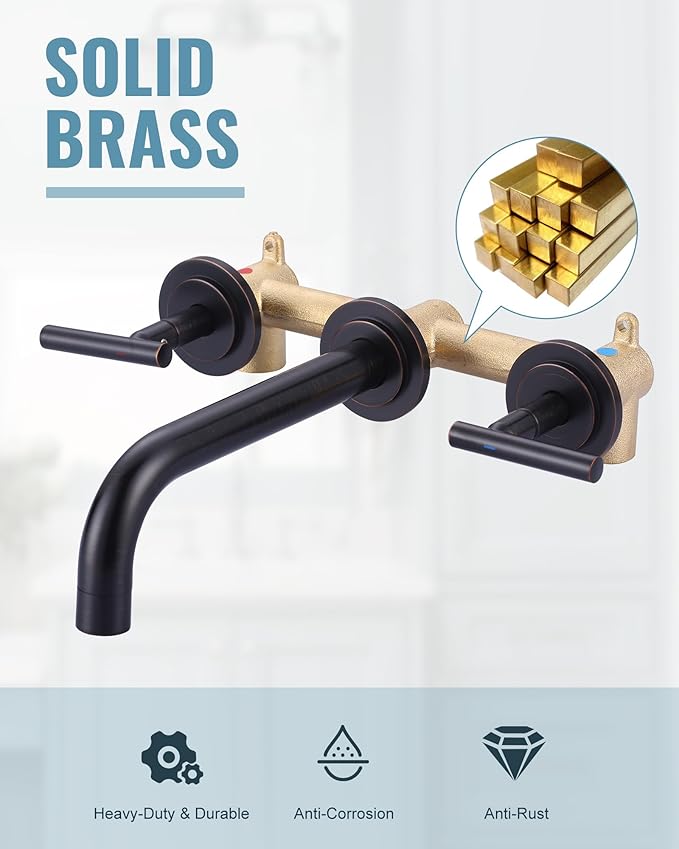 Oil Rubbed Bronze Bathroom Faucet - WOWOW Wall Mount Bathroom Faucet, 2 Handle Vanity Faucet 3 Holes Rough in Brass Valve Included Elegant Spout