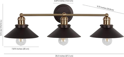 JONATHAN Y 26.5" Oil Rubbed Bronze/Brass Gold 3-Light Industrial Farmhouse Metal Vanity Light Wall Sconce, Metal Shade for Bathroom Mirror, Kitchen, Entryway, LED Bulb Included (JYL7428C)