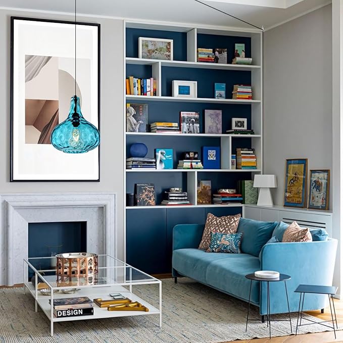 Mid-Century Modern Plug in Pendant Light Fixture,Blue Glass Pendant Lamp with 14.7 ft Cord Hammered Glass Globe Shade,Black Plug in Hanging Light for Bedroom Dining Living Room