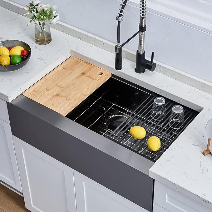 SHACO 33 Inch Black Farmhouse Sink, 33x20 Gunmetal Black 16 Gauge Stainless Steel Single Bowl Workstation Flat Apron Front Farm Kitchen Sink with Cutting Board
