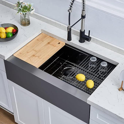 SHACO 33 Inch Black Farmhouse Sink, 33x20 Gunmetal Black 16 Gauge Stainless Steel Single Bowl Workstation Flat Apron Front Farm Kitchen Sink with Cutting Board
